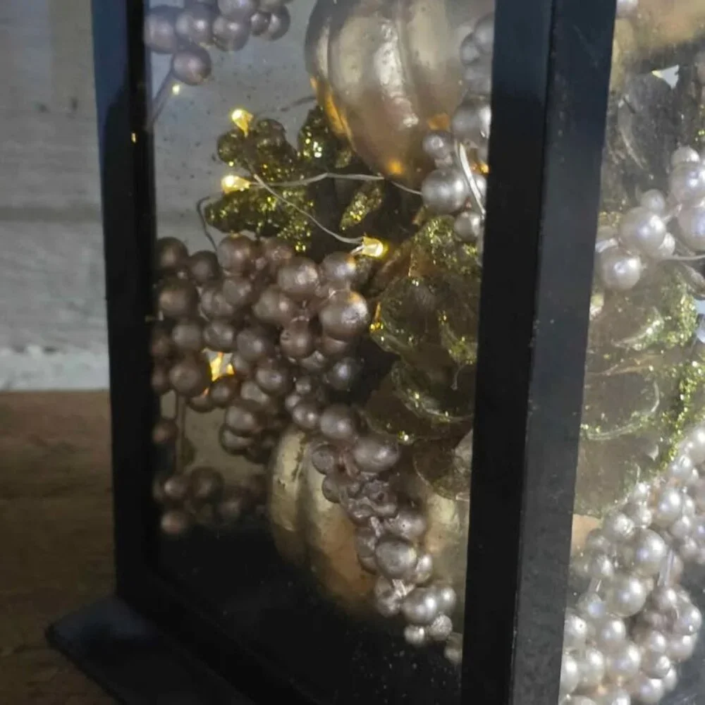Light Up Gold Champagne Pumkin Berry Pinecone Fall Harvest Black Plastic Lantern